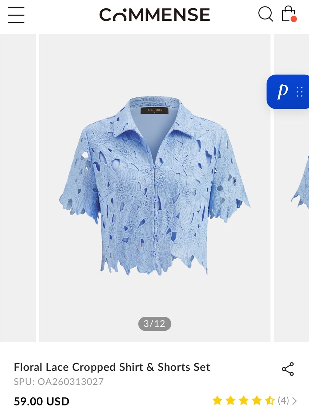 Commense Sky Blue Floral Lace Cropped Shirt & Shorts Set NWT - Picture 3 of 8